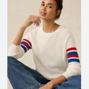 FAHERTY Throwback Side Stripe Cream Knit Crewneck Sweater XS $148